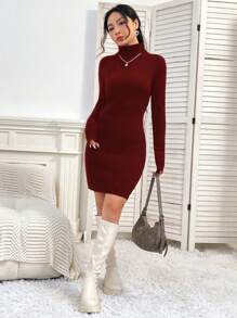 SHEIN Unity High Collar Bodycon Sweater Dress - Red - View 5