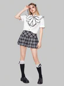 ROMWE Kawaii Của phụ nữ Cà vạt Ren Hem tương phản Áo sơ mi - trắng - Xem 1