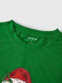 SHEIN EZwear Cow And Christmas Printed T-shirt - Green - View 4