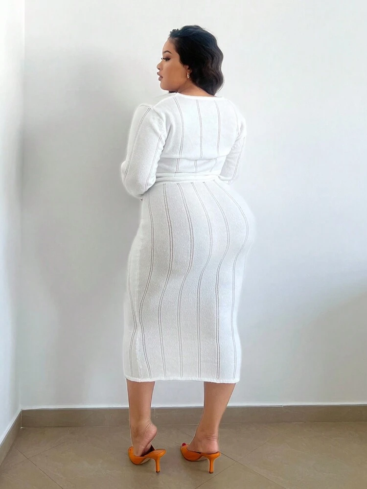 Plus Size Women's Slit Cardigan And Sweater Skirt Two-piece Set