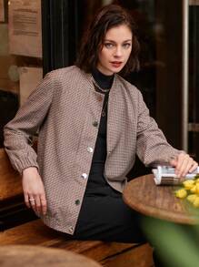 SHEIN Frenchy Chaqueta Cruzada Con Cremallera Frontal Y Patrón De Cuadrícula Para Mujer