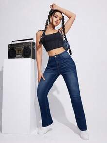 SHEIN EZwear 女式純色牛仔褲 - 中等水洗藍 - 查看 3