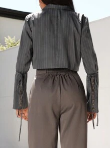 SHEIN EZwear 女士條紋短款西裝外套,腰間綁帶設計和偽口袋細節 - 灰色 - 查看 2