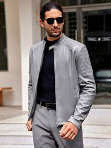 Manfinity VCAY Áo khoác trơn có khóa kéo thường ngày cho nam mùa thu, mùa đông - Xám - Xem 4