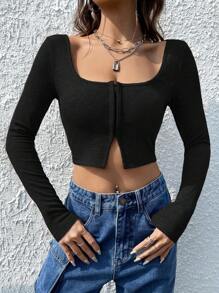 SHEIN EZwear Atuendos de verano con camiseta cortada con cuello redondo y cierre de gancho y ojo - Negro - Ver 8