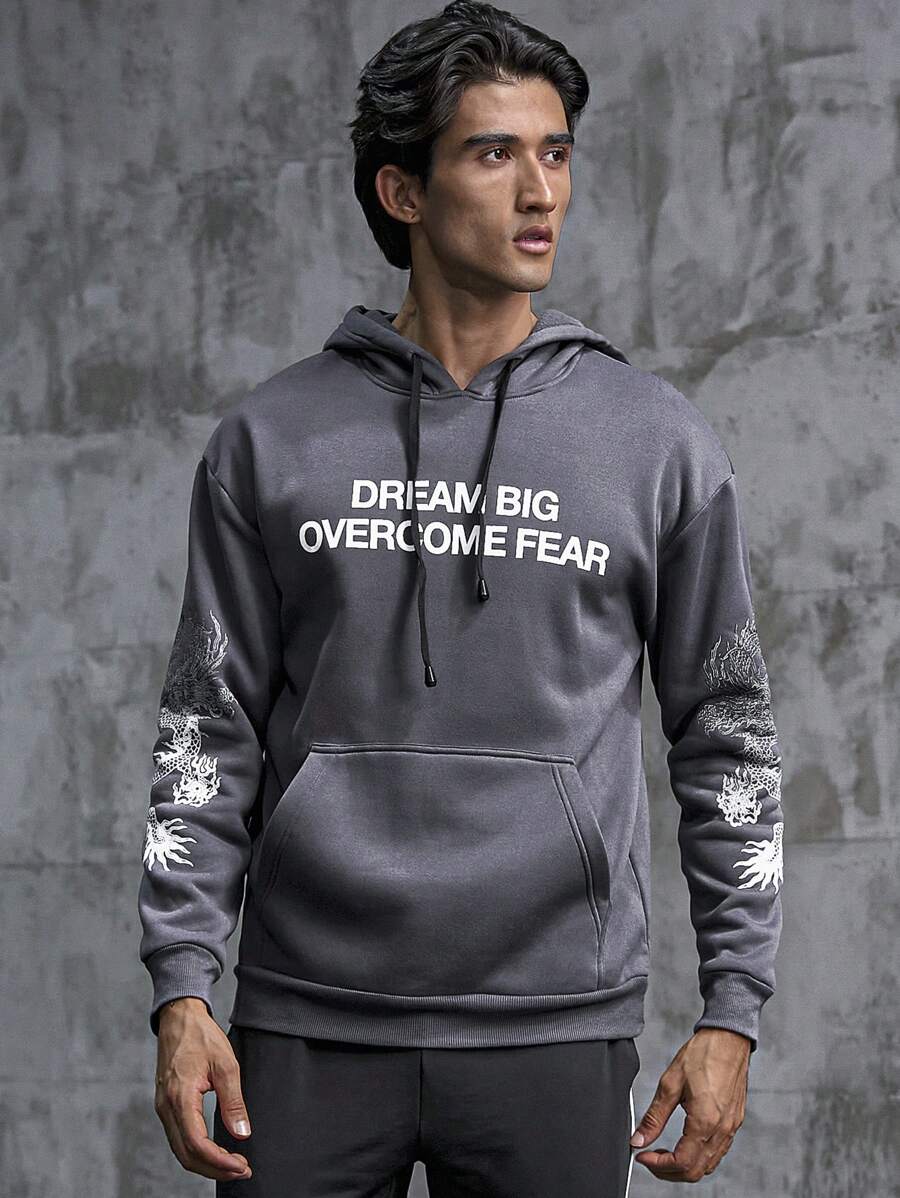 Manfinity Sport Corelite 男士字母图案袋鼠口袋抽绳运动卫衣 - 灰色 - 查看 1