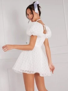 Enchnt 蝴蝶結裝飾泡泡袖a字裙,甜美心型領線 - 白色 - 查看 4