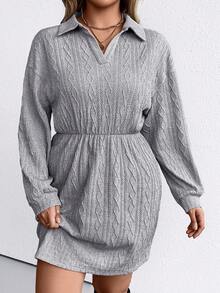 SHEIN LUNE 大碼素色落肩袖洋裝不附腰帶 - 淺灰色 - 查看 4