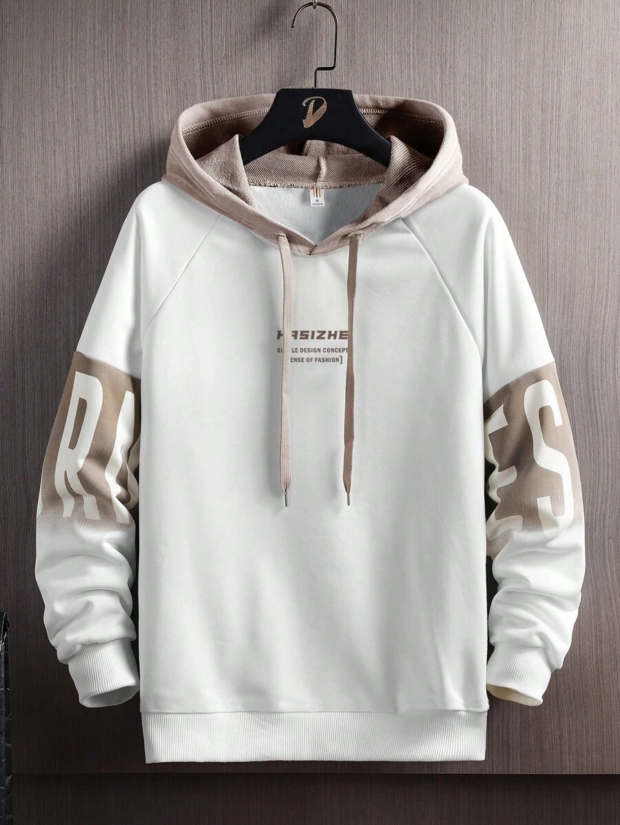 Men Letter Graphic Raglan Sleeve Hoodie - White - View 1