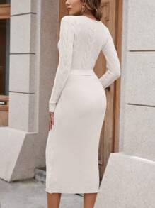 SHEIN Clasi 女性扭結針織緊身毛衣洋裝附腰帶 - 杏色 - 查看 2