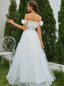 Off Shoulder Đèn treo tường Lưới Váy dự tiệc - trắng - Xem 2