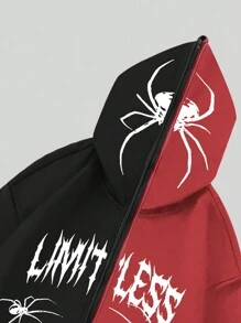 ROMWE MEN Goth Men Letter & Spider Printed Zip Up Hoodie, Halloween - Multicolor - View 4