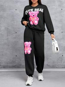 SHEIN PETITE 小熊和字母圖案下垂肩毛衣和運動褲 - 黑色 - 查看 4