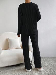 EURMUSE Women's Solid Knitted Sweater And Pants Two-piece Set - Black - View 2