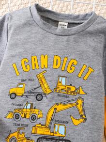 SHEIN Trẻ Con trai Hoạt hình In máy xúc 2 trong1 Dài tay Áo thun - Nhiều màu - Xem 4