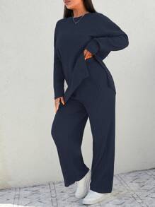 EURMUSE Plus Size  Two Piece Set With Open Fork Top And Pants - Navy Blue - View 5