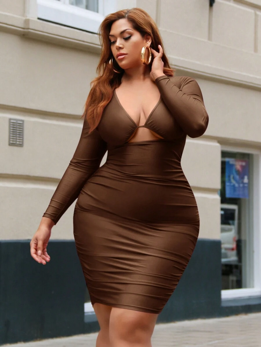 SHEIN SXY Plus Size Solid Color Hollow Out Bodycon Dress - Brown - View 1