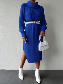 EURMUSE Women's Solid Color Cowl Neck Raglan Sleeve Sweater Dress Without Belt - Royal Blue - View 3