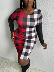 Slaydiva Plus Plaid Print Bodycon Dress - Multicolor - View 3