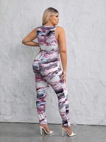 SHEIN SXY 大碼滿版印花鏤空彈力緊身連體褲 - 紫色 - 查看 2