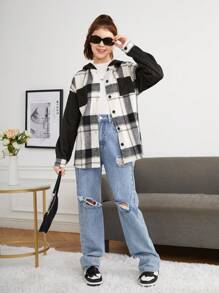 青少年女孩格紋印花落肩袖外套 - 黑色 - 查看 6