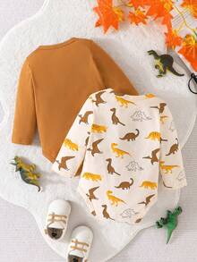 2 Miếng Em bé Đáng yêu Khủng long In Tay áo dài Áo liền quần chặt - Nhiều màu - Xem 2