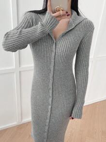 DAZY Ladies' Solid Color Single Breasted Woolen Knitted Dress Sweater Dress - Grey - View 3