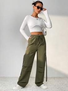SHEIN Unity 掀蓋式口袋貨物褲 - 軍綠色 - 查看 3
