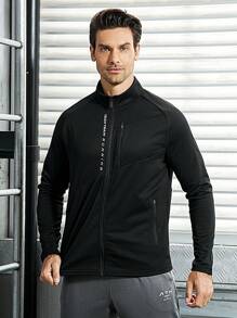 Manfinity Sport Corelite Boyfriend Style Men's Letter Print Zip-Front Raglan Sleeve Sports Jacket With Front Pockets Workout Tops