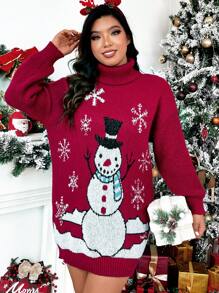 Celure Plus Christmas Snowman Pattern Turtleneck Drop Shoulder Sweater Dress - Red - View 5