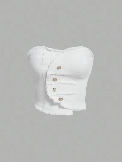 SHEIN MOD Top cu corset alb, fără bretele, cu tiv asimetric, decorat cu nasturi