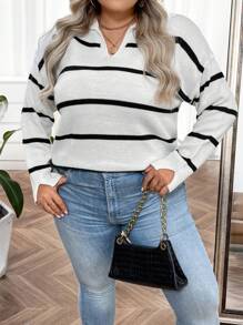 SHEIN CURVE+ Plus Striped Pattern Drop Shoulder Sweater Knit Pullover Fall Winter Sweater - Black and White - View 4