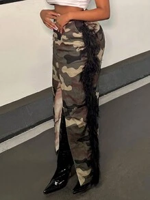 Slaydiva 迷彩印花开衩大腿毛边半身裙 - 彩色 - 查看 4