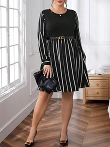 SHEIN Privé Kích thước lớn Thanh lịch Sọc Đầm - Đen và trắng - Xem 4