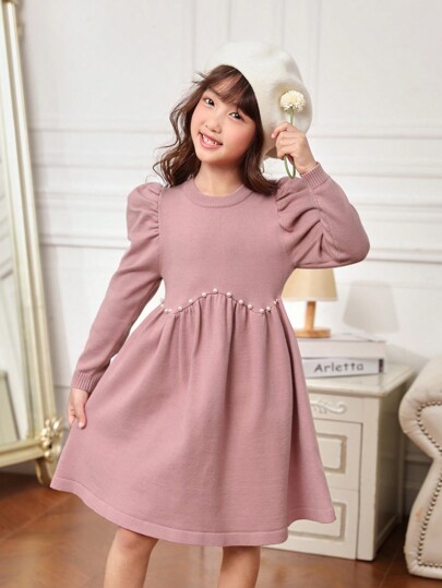 SHEIN Toddler Girls' Loose Fit Knee Length Pullover Sweater Dress With Round Neckline For Casual Occasions