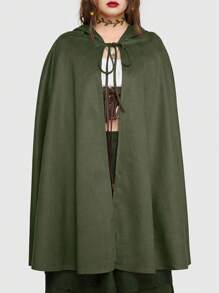 ROMWE Fairycore 前方有綁結束帶的連帽披風外套 - 墨綠色 - 查看 2
