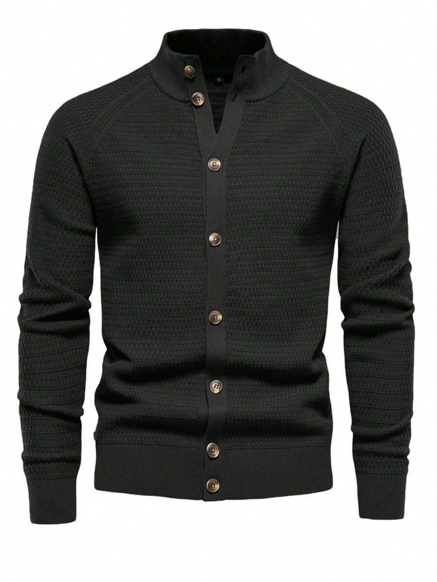 男款純色立領針織衫 - 黑色 - 查看 1