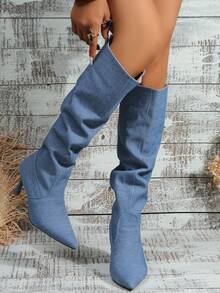 美式荒地風格女士牛仔布靴,復古牛仔靴,細高跟,尖頭,荷葉邊,寬筒/長筒靴 - 霧霾藍 - 查看 2