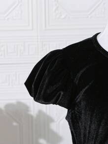 少女網紗蝴蝶結印花連衣裙 - 黑色 - 查看 6