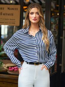 SHEIN Frenchy Camisa con estampado de rayas botones a frente con bolsillo - Azul y blanco - Ver 7