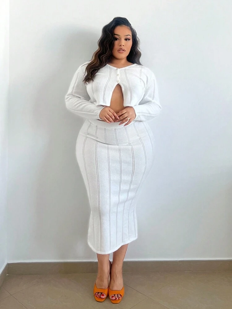 Plus Size Women's Slit Cardigan And Sweater Skirt Two-piece Set