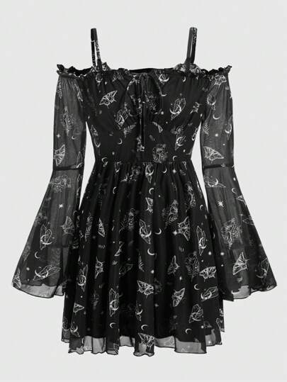 Fairycore Vestido de manga acampanada con hombros descubiertos para mujer con impresión de polillas en malla