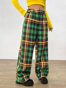 SHEINNeu 女性星星&格紋圖案闊腿褲 - 綠色 - 查看 3