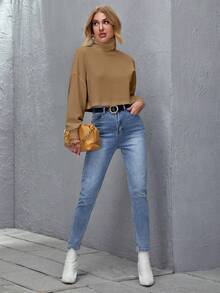 SHEIN Essnce 高領落肩袖短款T恤 - 摩卡棕 - 查看 3