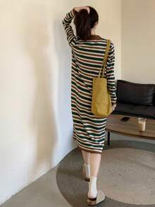 Striped Drop Shoulder Sweater Dress - Multicolor - View 2