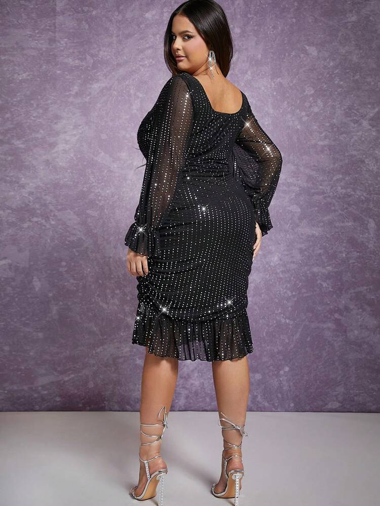 Plus Ruched Ruffle Hem Sparkly Dress