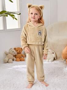 SHEIN Little Girls' Panda Embroidery Coral Fleece Pajama Set - Beige - View 5