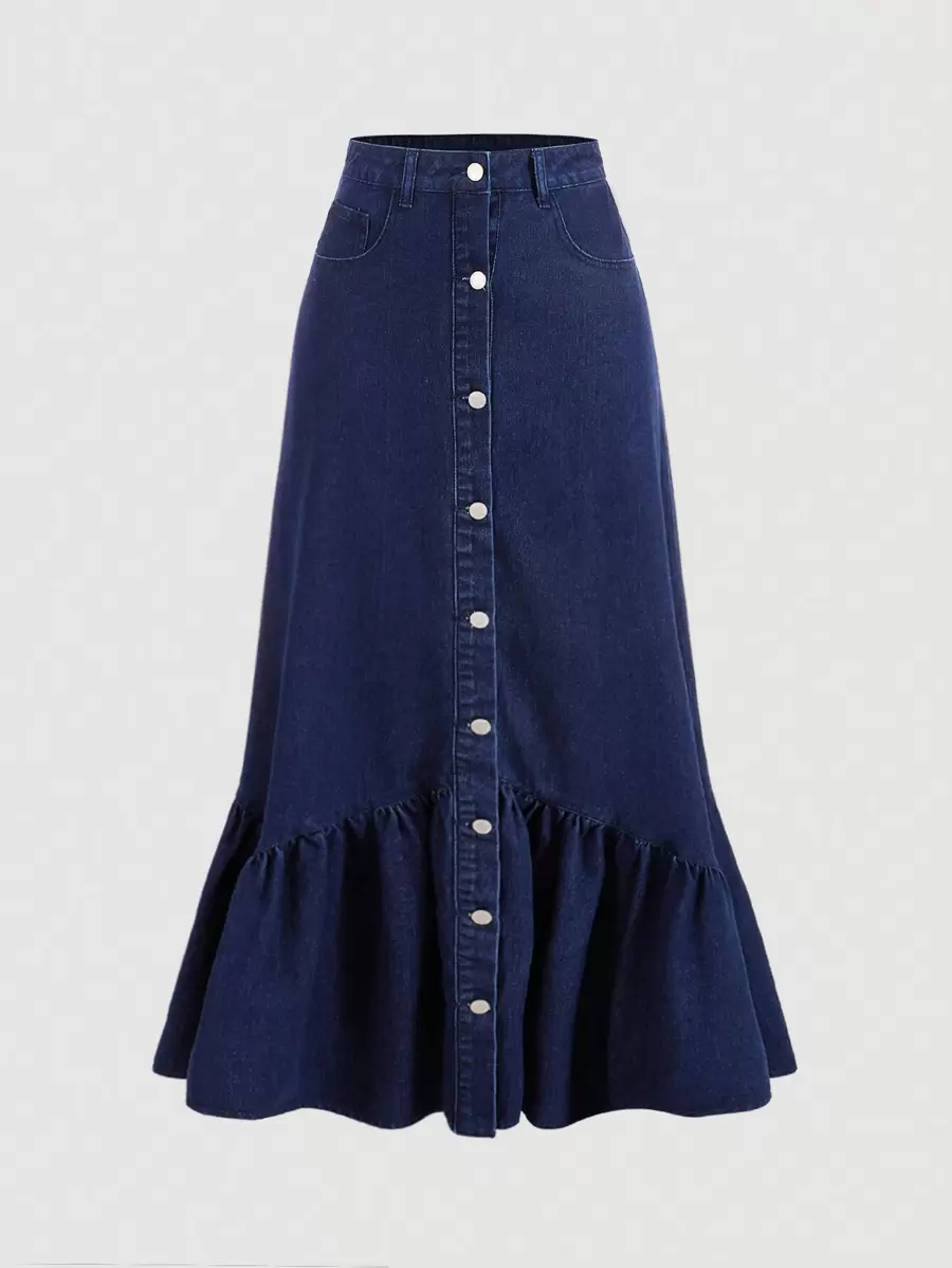 SHEIN MOD Women's Button-front Denim Skirt With Ruffle Trim Hem - Medium Wash - View 1