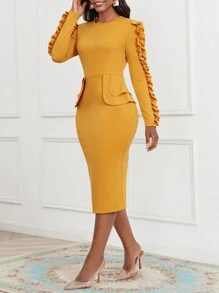 SHEIN Lady Viền Ruffle Váy bodycon Không có thắt lưng - Màu vàng - Xem 3