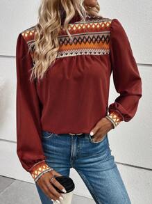 EMERY ROSE Lantern Sleeve Plaid Pattern Shirt - Redwood - View 3